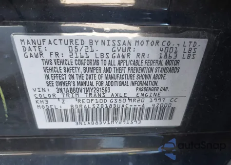 2021 Nissan Sentra Sr Xtronic Cvt from USA, damaged, VIN 3N1AB8DV1MY291593